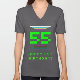 [ Thumbnail: 55th Birthday - Nerdy Geeky Pixelated 8-Bit Computing Graphics Inspired Look V Neck T Shirt V-Neck T-Shirt ]
