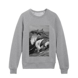Four Bottle Noise Dolphins Jumping Waves In Tropical Ocean Black and White Animal Wildlife Photograph Kids Crewneck