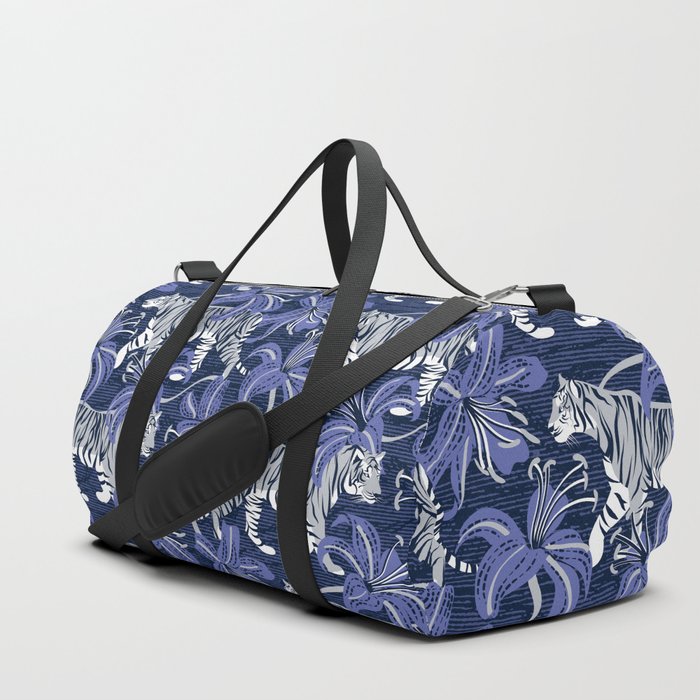 Tigers in a tiger lily garden // textured navy blue background light grey wild animals very peri flowers Duffle Bag