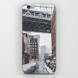 New York City Manhattan Bridge in DUMBO during snowstorm iPhone Skin