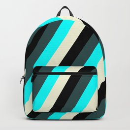 [ Thumbnail: Dark Slate Gray, Cyan, Beige, and Black Colored Lines Pattern Backpack ]