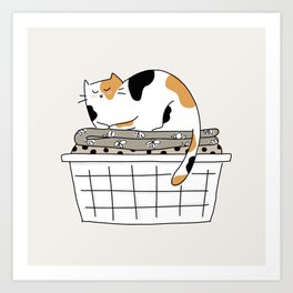 Calico Cat in Folded Laundry Basket - Neutral Palette Art Print