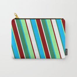 [ Thumbnail: Vibrant Green, Deep Sky Blue, Sea Green, White & Dark Red Colored Lines Pattern Carry-All Pouch ]