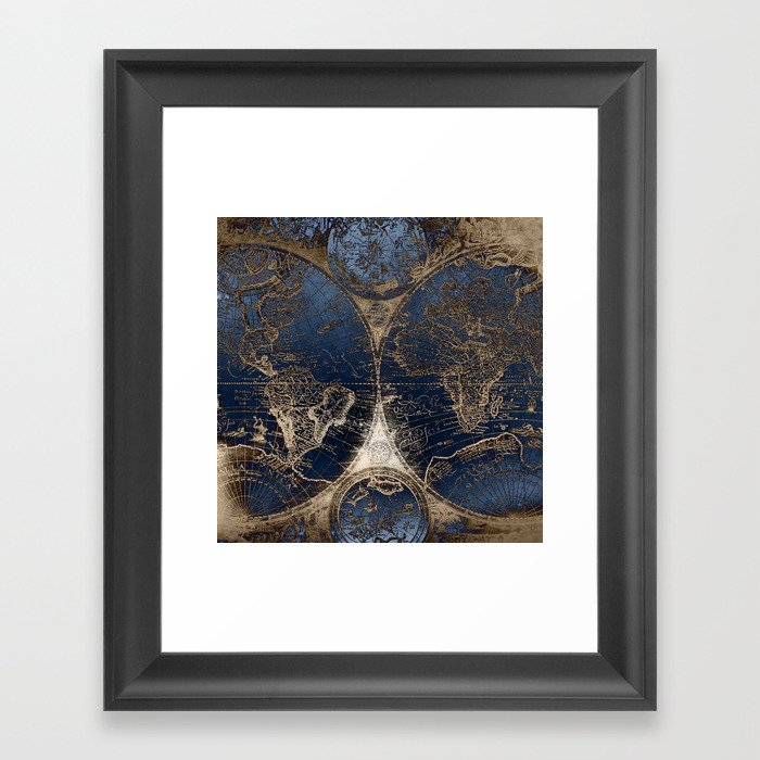 World Map Deep Blue and Gold Framed Art Print