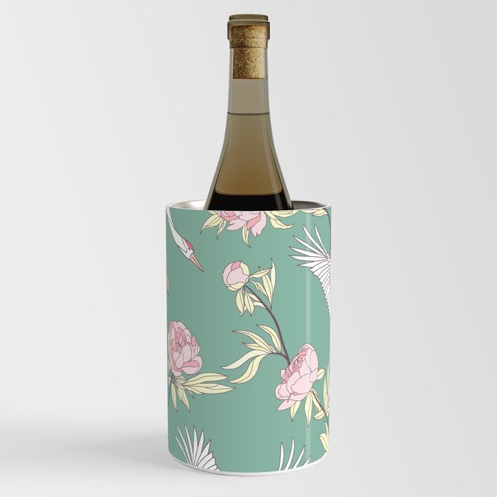 Japanese Ornate Heron Pattern Sage Blush I Wine Chiller