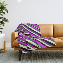 [ Thumbnail: Fuchsia, Dark Slate Gray, Light Yellow, and Black Colored Lined Pattern Throw Blanket ]
