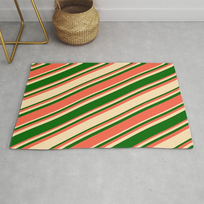 Beige, Dark Green & Red Colored Lined Pattern Rug