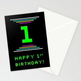 [ Thumbnail: 1st Birthday - Nerdy Geeky Pixelated 8-Bit Computing Graphics Inspired Look Stationery Cards ]