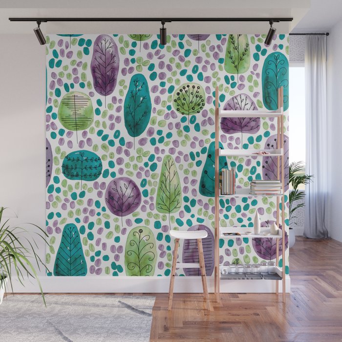 Abstract Trees Pattern Purple Blue And Green Wall Mural By