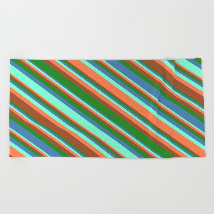 Aquamarine, Coral, Sienna, Forest Green, and Blue Colored Lined/Striped Pattern Beach Towel