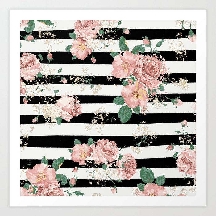 Vintage Floral Roses Black And White Stripes Art Print By