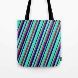 [ Thumbnail: Turquoise, Green, Crimson & Blue Colored Lines Pattern Tote Bag ]