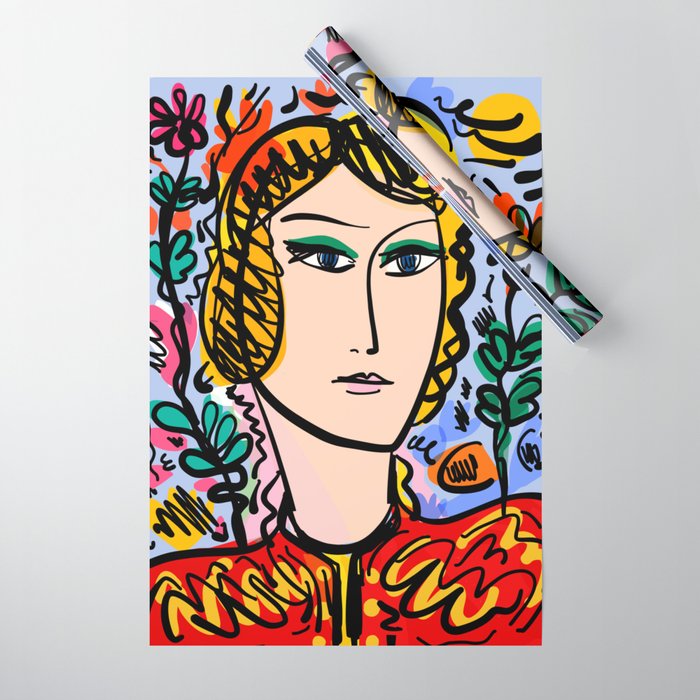 Pastel Portrait of Woman with flowers Wrapping Paper