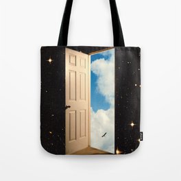 The Portal: From The Stars To The Clouds Tote Bag | Collage, Starrysky, Blue, Astronomy, Psychedelic, Bird, Cloudart, Door, Explore, Sky 