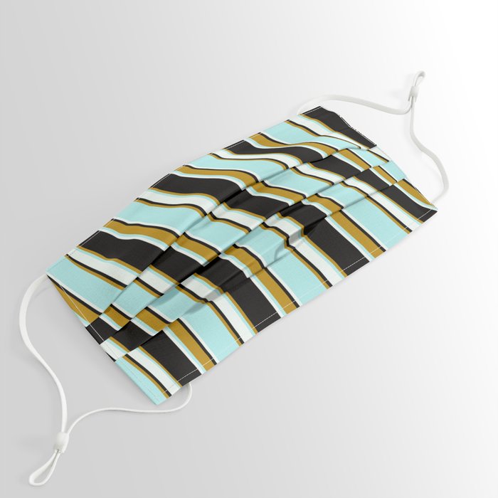 Black, Dark Goldenrod, Turquoise & Mint Cream Colored Lined Pattern Face Mask
