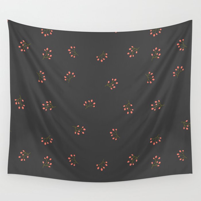 Branches With Red Berries Seamless Pattern on Dark Grey Background Wall Tapestry