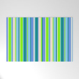 [ Thumbnail: Eye-catching Chartreuse, Light Sky Blue, Dark Cyan, Cornflower Blue, and Beige Colored Lines Pattern Welcome Mat ]