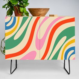 Wavy Loops Abstract Pattern in Rainbow Colors  Credenza