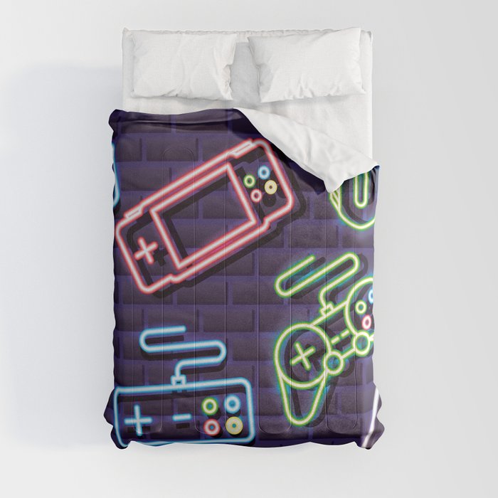 Neon Video Game Accessories Pattern Comforter