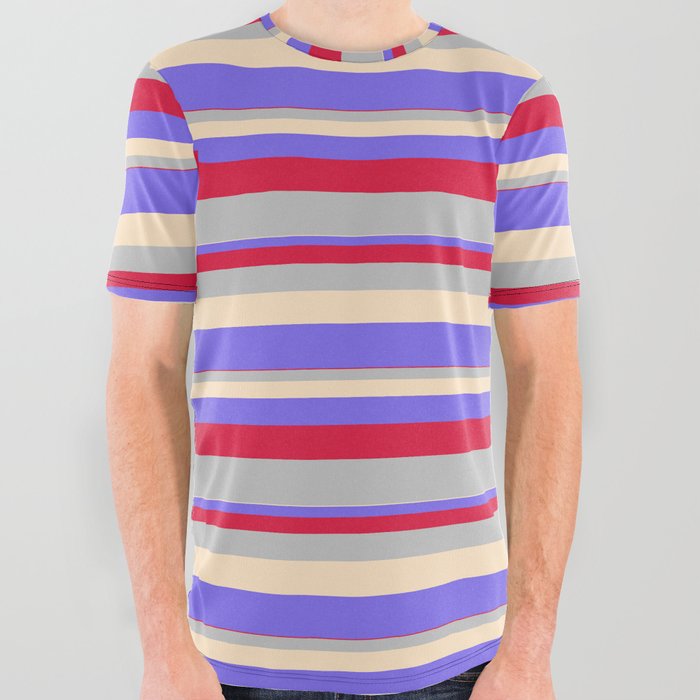 Crimson, Grey, Bisque & Medium Slate Blue Colored Lined Pattern All Over Graphic Tee