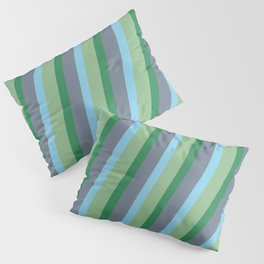 [ Thumbnail: Dark Sea Green, Sea Green, Slate Gray & Sky Blue Colored Striped Pattern Pillow Sham ]