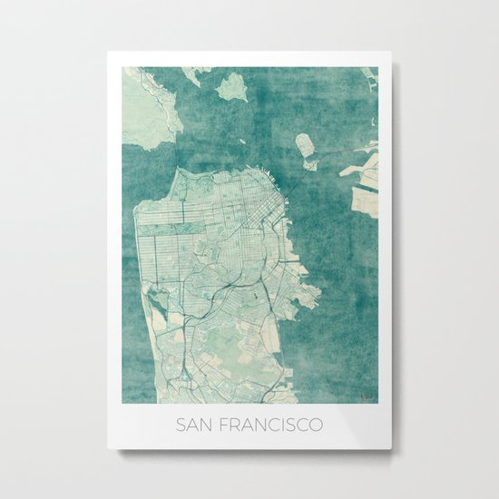 San Francisco Map Blue Vintage Metal Print