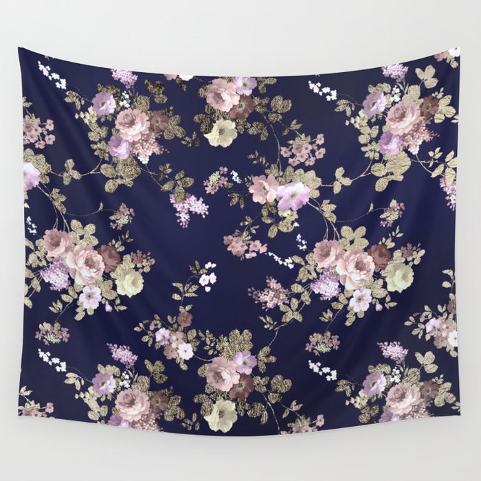 Elegant navy blue lilac pink gold glitter floral Wall Tapestry