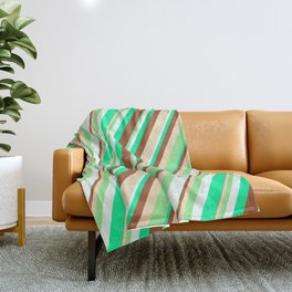 [ Thumbnail: Eye-catching Green, Sienna, Tan, Light Green, and Mint Cream Colored Striped/Lined Pattern Throw Blanket ]