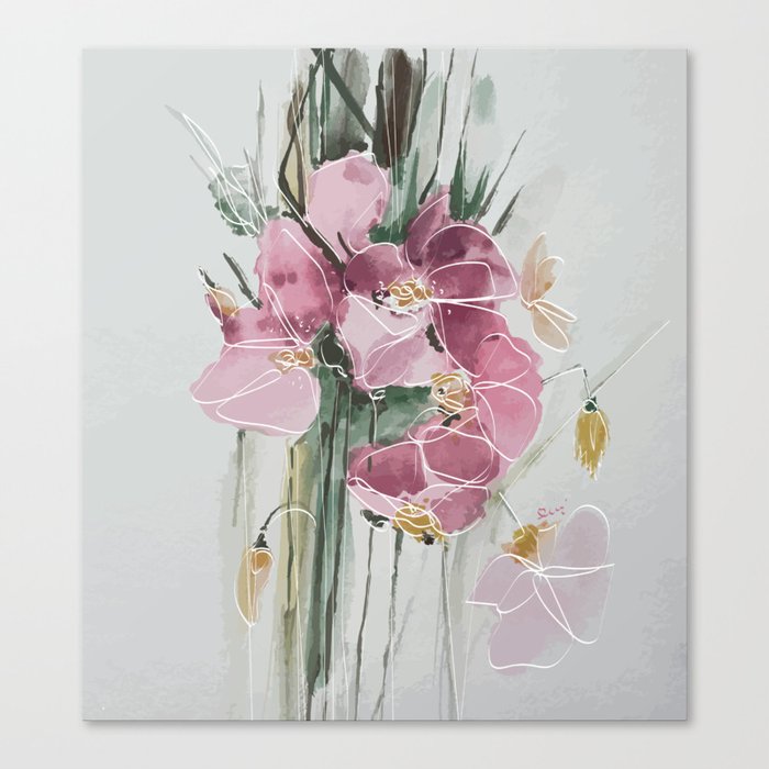 Watercolor Flower with Lineart Canvas Print