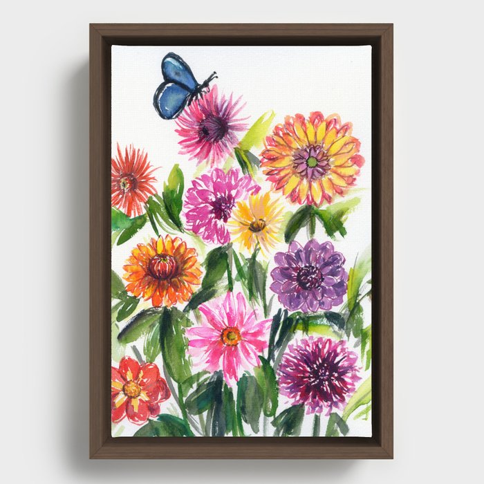 dahlias and chrysanthemums with butterfly Framed Canvas