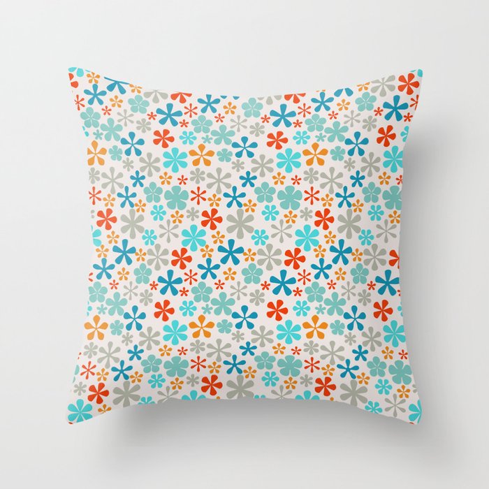 tropical blue and orange eclectic daisy print ditsy florets Throw Pillow