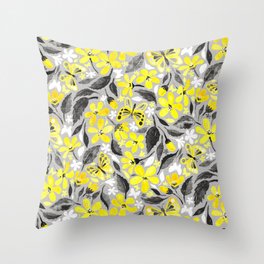 Buttercup Yellow and Silver Grey Watercolor Floral with Butterflies Throw Pillow