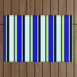 [ Thumbnail: Blue, Light Green, Light Cyan & Black Colored Striped/Lined Pattern Outdoor Rug ]