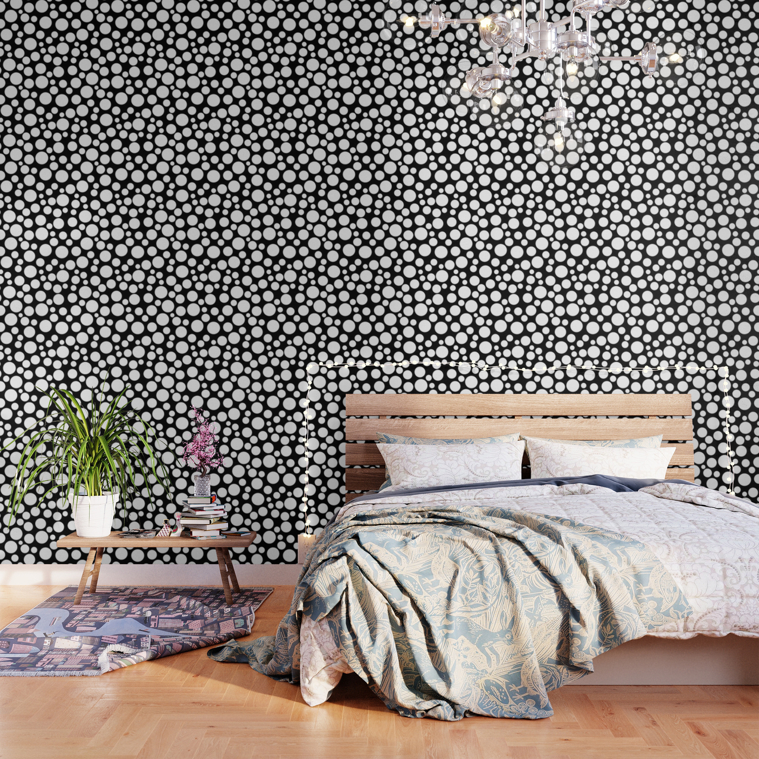 White polka dots on a black background. Wallpaper by Fuzzyfox | Society6