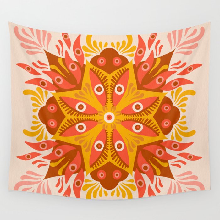 Trippy Mandala – Retro Ochre Wall Tapestry