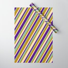[ Thumbnail: Tan, Indigo, Dark Sea Green, and Dark Goldenrod Colored Stripes/Lines Pattern Wrapping Paper ]