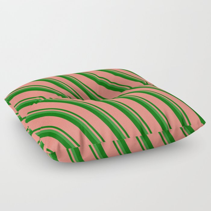 Forest Green, Dark Green & Salmon Colored Stripes Pattern Floor Pillow