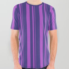 [ Thumbnail: Orchid and Dark Slate Blue Colored Lines Pattern All Over Graphic Tee ]