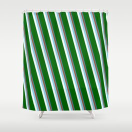 [ Thumbnail: Eyecatching Blue, Sienna, Sky Blue, Mint Cream & Dark Green Colored Stripes/Lines Pattern Shower Curtain ]