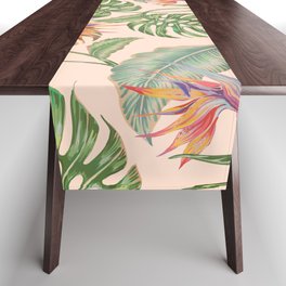 Floral seamless vintage tropical pattern background with exotic flowers, jungle leaves, monstera plant leaf, strelitzia, bird of paradise flower. Vintage botanical gentle illustration in Hawaiian style Table Runner
