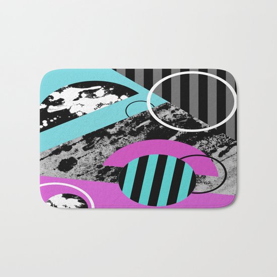Bits N Pieces III - Abstract, geomtric, random, textured, stripes, black, pink, cyan, artwork Bath Mat