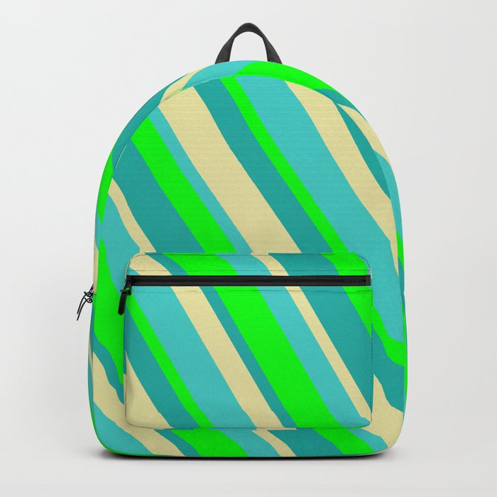 Lime, Light Sea Green, Pale Goldenrod & Turquoise Colored Stripes/Lines Pattern Backpack