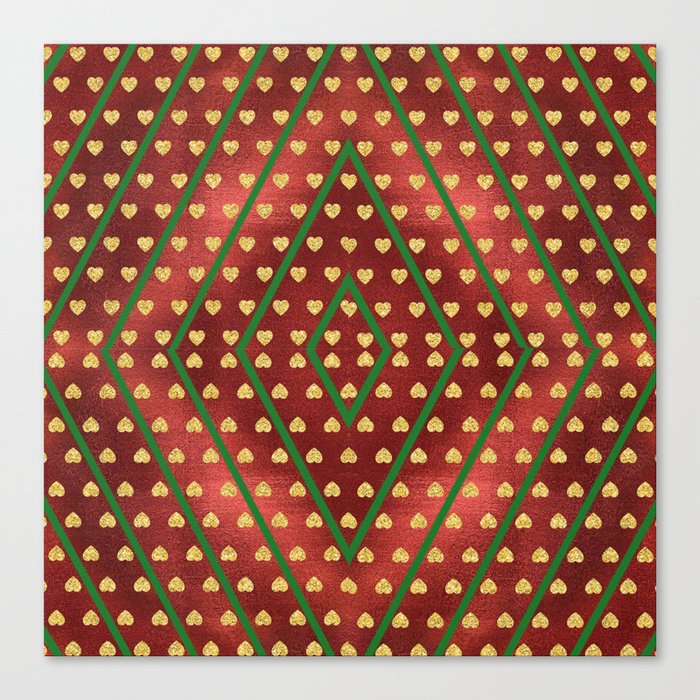 Gold Hearts on a Red Shiny Background with Green Diamond Lines Canvas Print