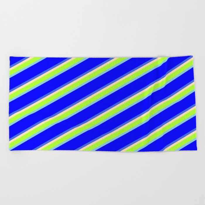 Beige, Light Green, Sky Blue, Blue & Royal Blue Colored Pattern of Stripes Beach Towel