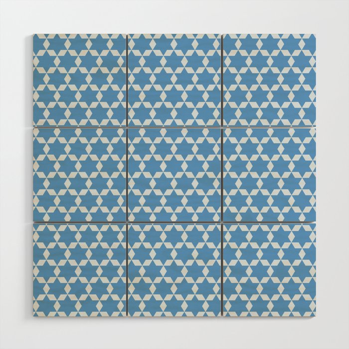 Star Tiles Geometric Pattern in Blue Wood Wall Art