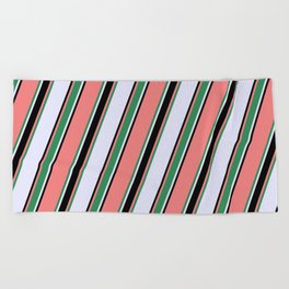 [ Thumbnail: Light Coral, Sea Green, Lavender & Black Colored Lined Pattern Beach Towel ]