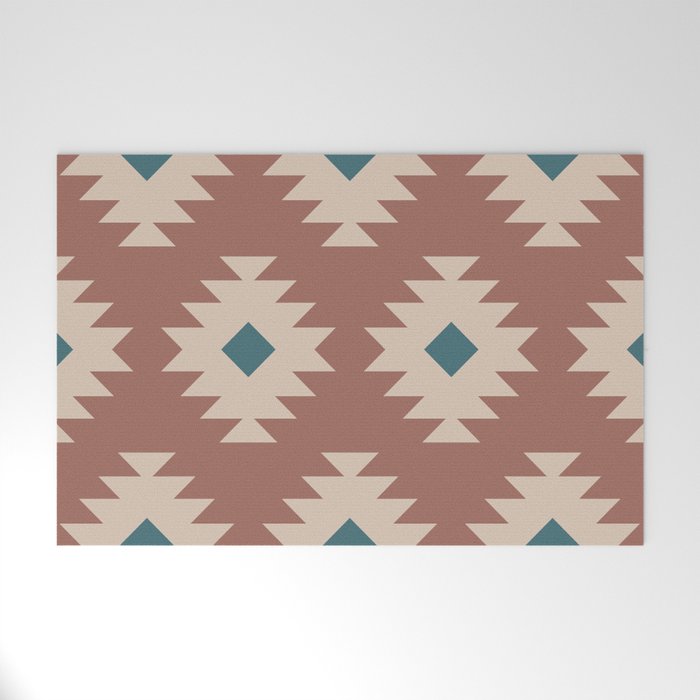 Southwestern Pattern 536 Teal Green and Brown Welcome Mat