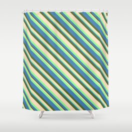 [ Thumbnail: Green, Blue, Dark Olive Green, and Bisque Colored Striped/Lined Pattern Shower Curtain ]