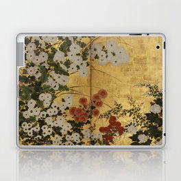 White Red Chrysanthemums Floral Japanese Gold Screen Laptop Skin