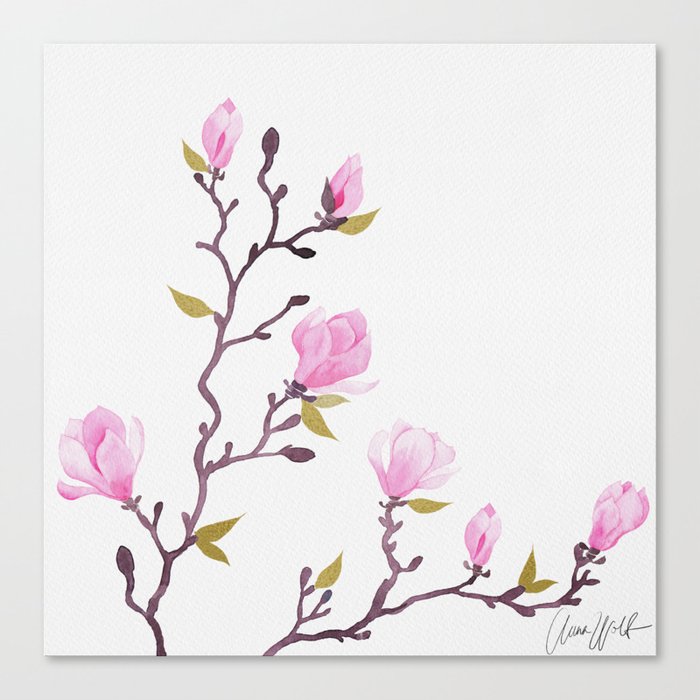 Pink watercolor magnolia pattern Canvas Print